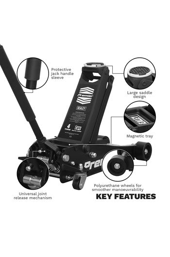 Sealey 4040AB 4tonne Low Profile Black Trolley Jack with Rocket Lift