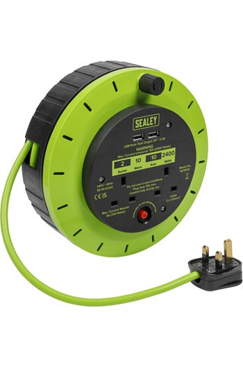 Sealey BCR10G Cassette Type Cable Reel Green with Thermal Trip 2x 230V and 2x USB 10mtr