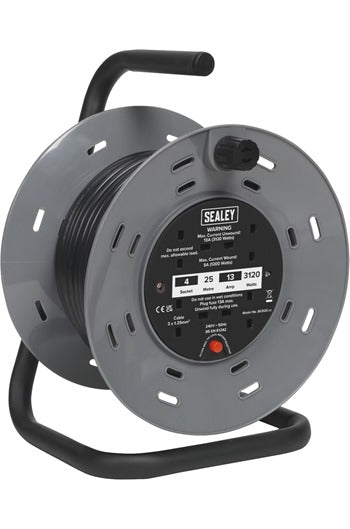 Sealey BCR25 Cable Reel 25mtr 4x 230V 1.25mm² Thermal Trip