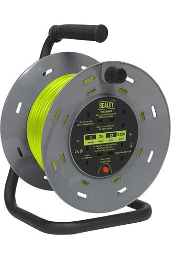 Sealey BCR25G Cable Reel with Thermal Trip 4 x 230V Sockets 25mtr Green