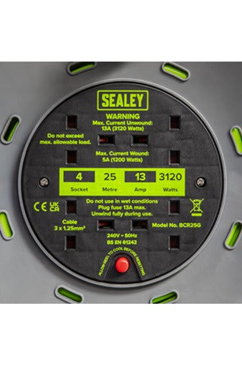 Sealey BCR25G Cable Reel with Thermal Trip 4 x 230V Sockets 25mtr Green