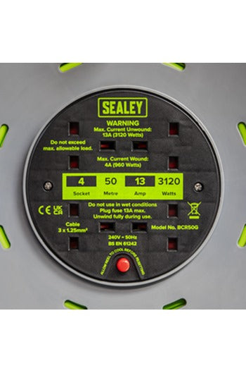 Sealey BCR50G Cable Reel with Thermal Trip 4 x 230V Sockets 50mtr