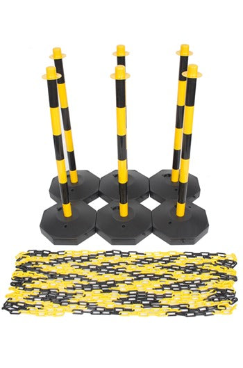 Yellow & Black Plastic Chain Post Set (x6) with 15mtrs of Chain